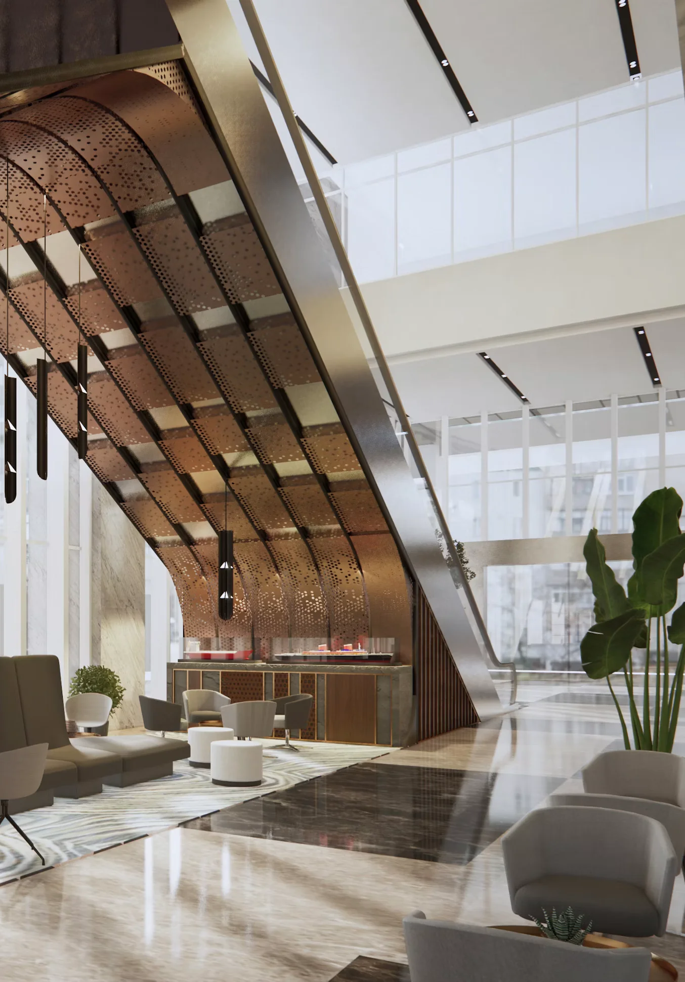 Moderne hotellobby met houten trap, luxe zitgedeelte en veel natuurlijke lichtinval.