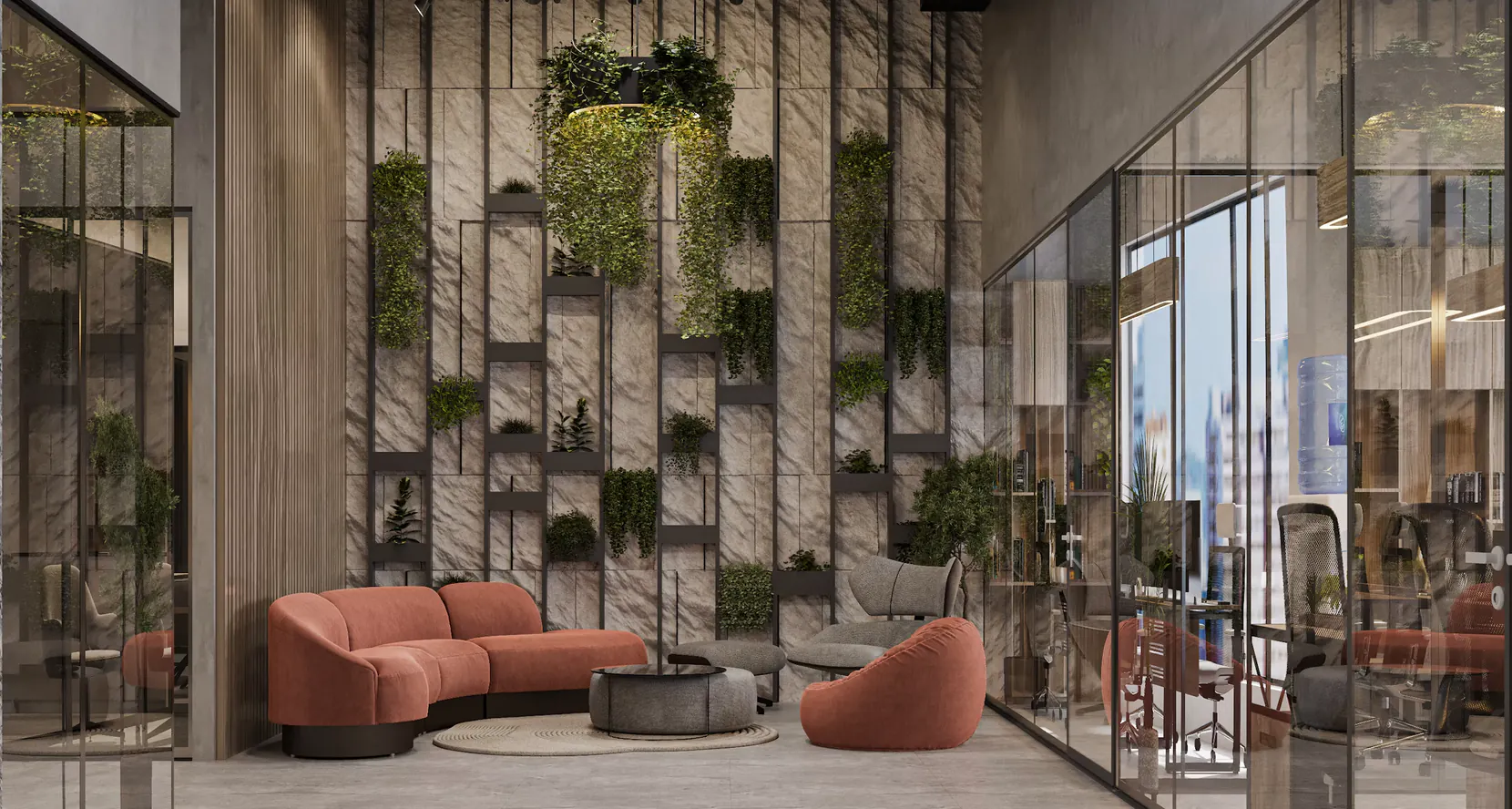 Moderne kantoorlobby met een verticale groene wand en roze bank, aangevuld met glazen wanden en stijlvolle meubels.