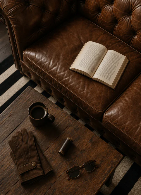 Open boek op een leren chesterfield bank met een kop koffie, handschoenen, spoel garen en zonnebril op een houten tafel.