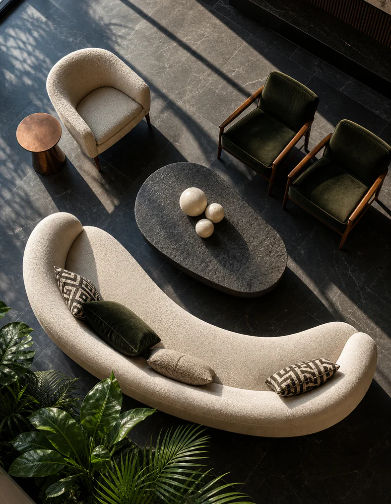 Draufsicht auf eine stilvolle Lounge mit einem modernen runden Sofa, großen Pflanzen und einem ovalen Couchtisch.