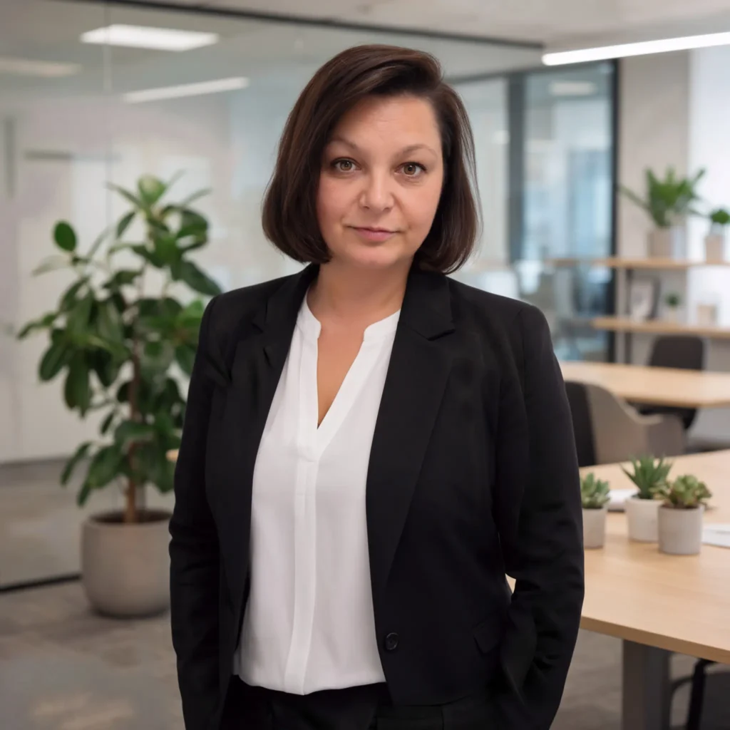 Portret van Lydia Mulas in een zwarte blazer in een modern kantoor met planten.