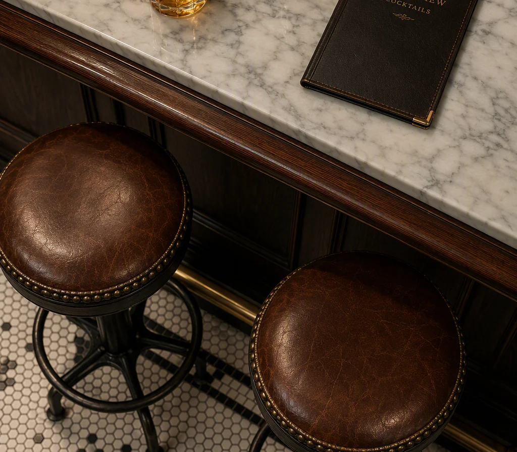 Zicht op een chique marmeren bar met leren krukken en een cocktailmenu.