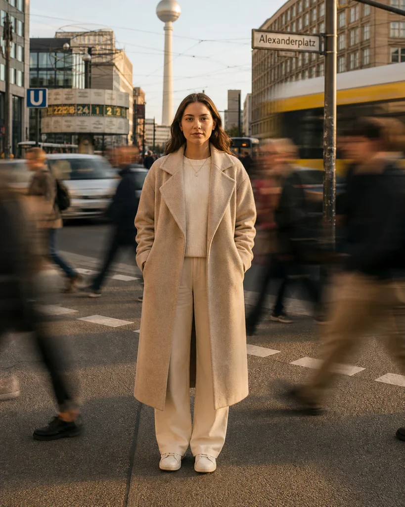 Vrouw steekt over bij Alexanderplatz in Berlijn met de Fernsehturm op de achtergrond.